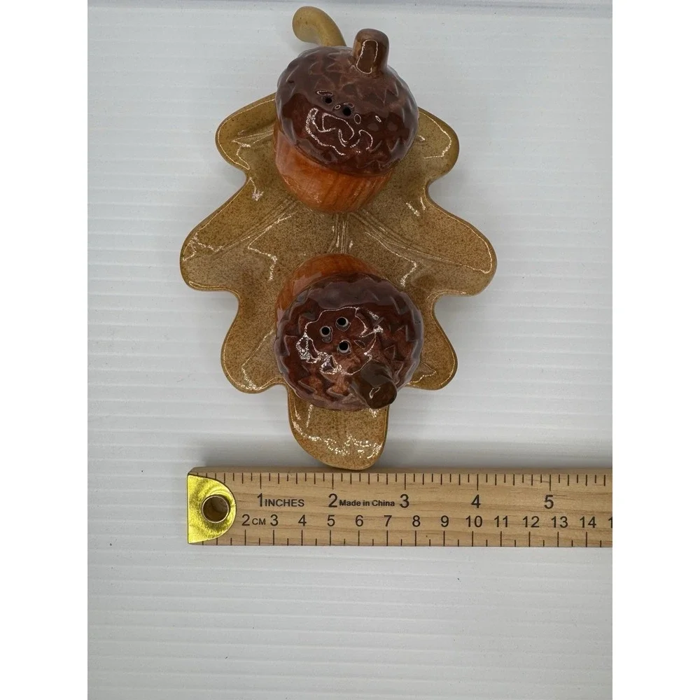 Ceramic Acorn Salt Pepper Shakers Set Oak Leaf Tray Fall Thanksgiving Decor